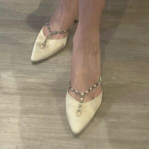 Manolo Blahnik Champagne Satin Crystal Mule Heels – Size 36 (US 6)